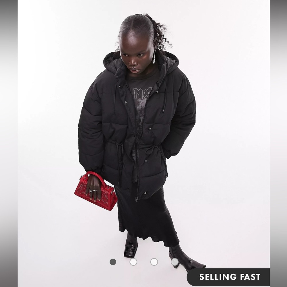 Topshop Petite mid length tie waist puffer jacket in black